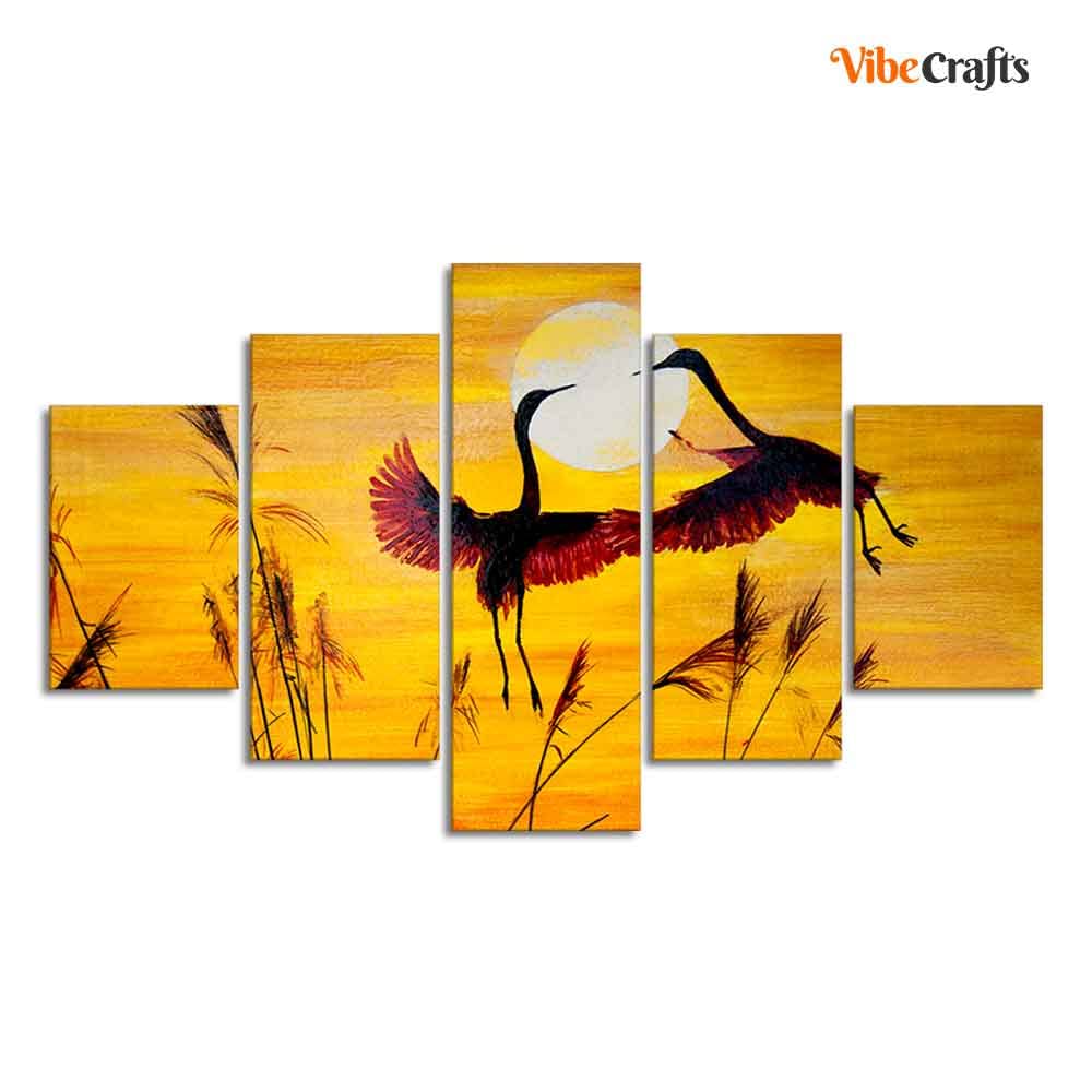 VIBECRAFTS Pair Of Cranes Over An Autumn 5 Pieces Premium Wall Painting For Home|Office|Living Room|Gift (PTVC5Pcs1_5509)