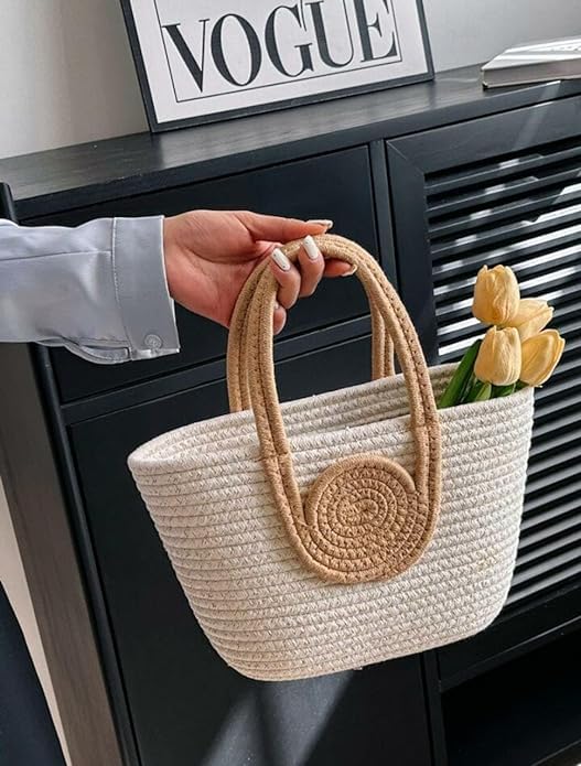 BEAUTIFUL HOMMIES Attractive Hand Bag | large Tote Bag | Summer Bag | Bucket Bag | Basket Bag | Bamboo Tote | Beach Bags for Women | Boho Bag | Handbag | jute Bag | Handmade Bag| (BEIGE-WHITE)