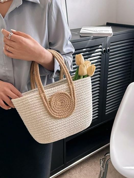 BEAUTIFUL HOMMIES Attractive Hand Bag | large Tote Bag | Summer Bag | Bucket Bag | Basket Bag | Bamboo Tote | Beach Bags for Women | Boho Bag | Handbag | jute Bag | Handmade Bag| (BEIGE-WHITE)