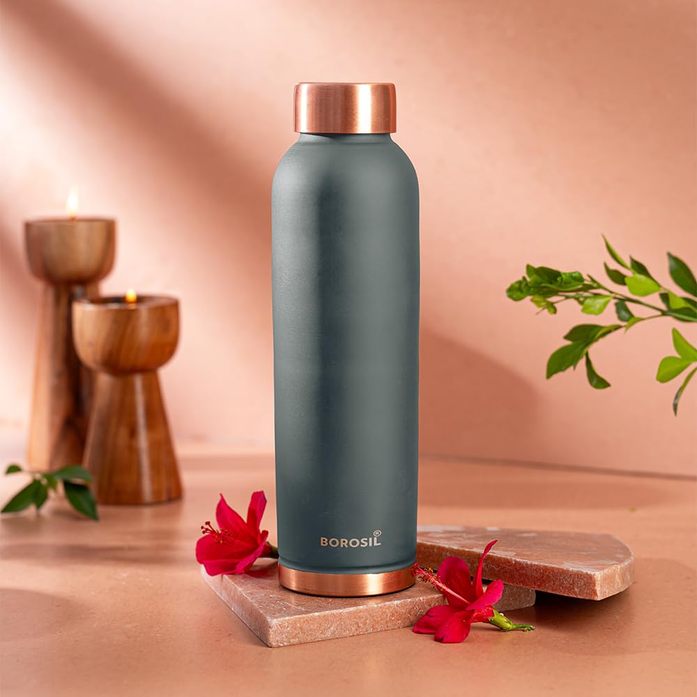 Borosil Eco Copper Bottle with Glass Set | 1L Bottle with 2 Tumbler (250 ml Each) | 100% Pure Copper with Anti-Oxidant Properties of Copper for Daily Use (Grey)