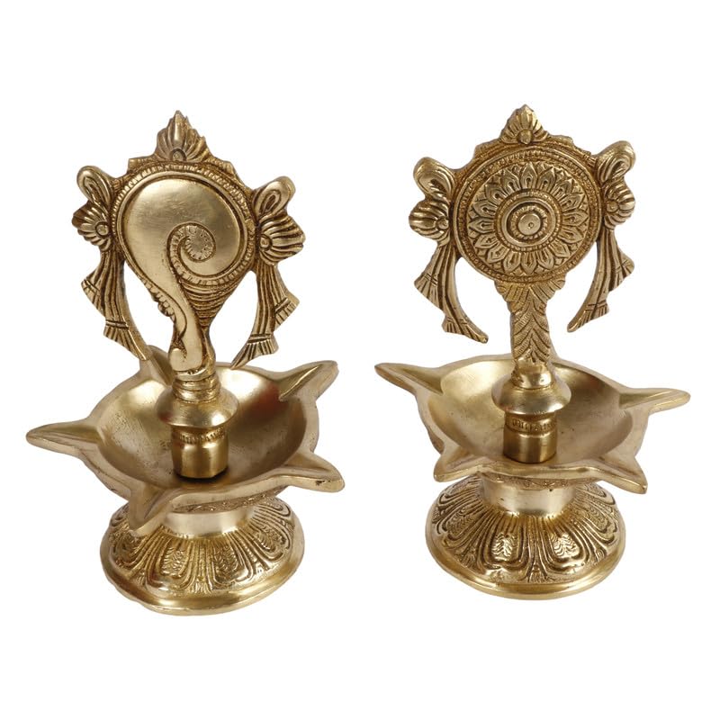 SVARUP 6.5 Inch Gold Color Brass Shankha Chakra Oil Lamp Diya Set: Ideal for Home Temple and Aarti Deepam, in a Classic Gold Color Color
