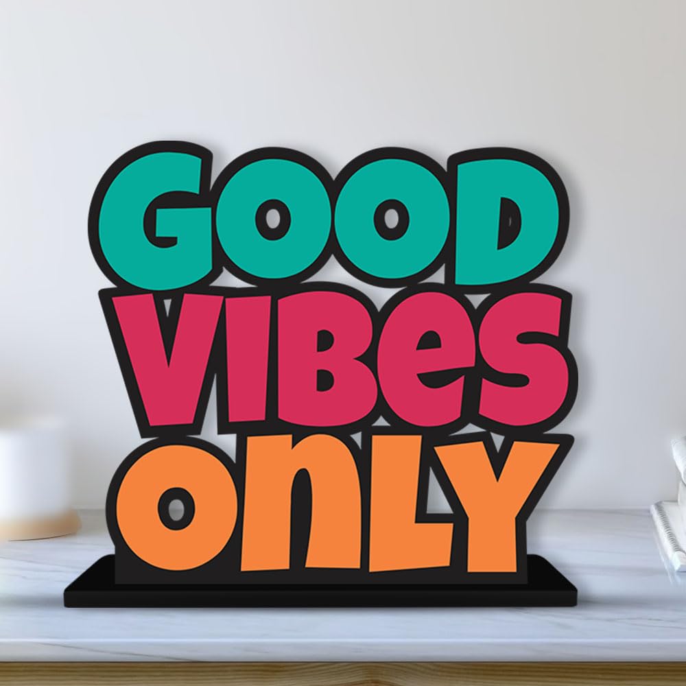 Artvibes Wooden Idols and Figurine Good Vibes Only Motivational Quotes Table Decoration for Office Desk | Home Decor Item | Living Room | Modern Art Wood Showpiece Gift Items (SP_1151), Inspirational