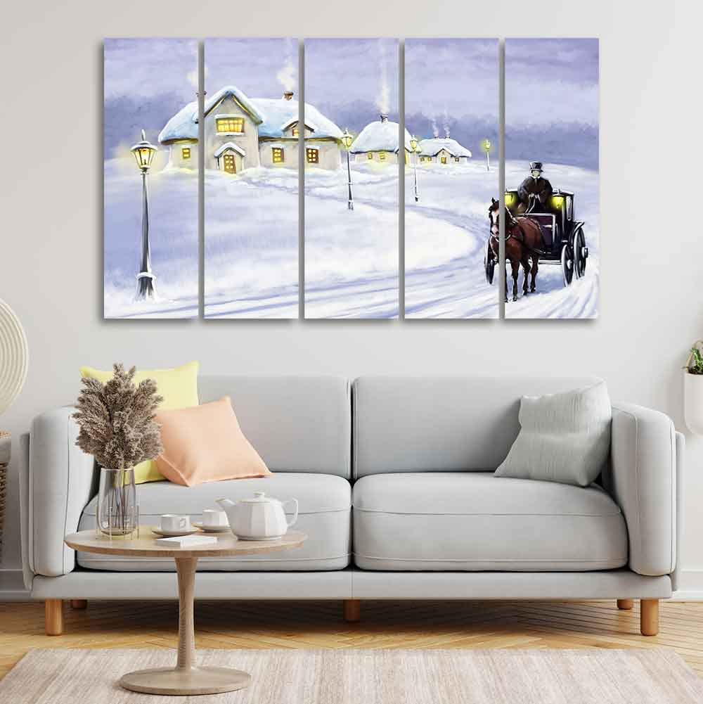 VIBECRAFTS Rural Landscape in Winters Wall Painting of Five Pieces For Home|Office|Living Room|Gift (PTVC5Pcs4_8684)