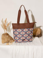 ZOUK Kovil Blue Abstract Printed Women's Jute Handcrafted Vegan Leather Brown Everyday Tote