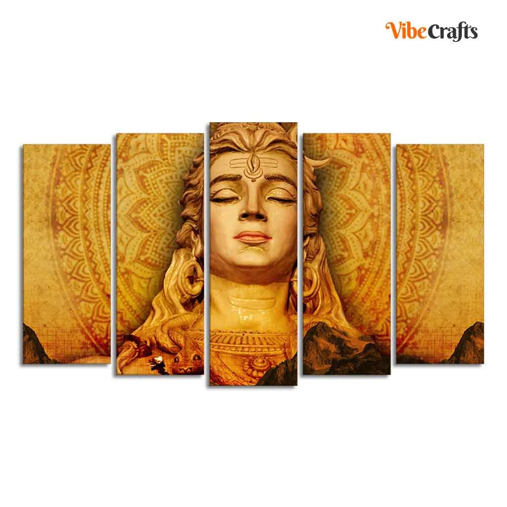 VIBECRAFTS Spiritual Shiva Canvas Wall Painting of Five Pieces Set For Home|Office|Living Room|Gift (PTVC5Pcs2_6611)