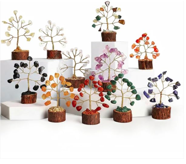 BHAGYA G Natural Crystal Mini Money Tree Set of 12 Crystal Trees with Different Gemstones for Good Luck Office and Home Decore Wealth Vastu Prosperity Decoration