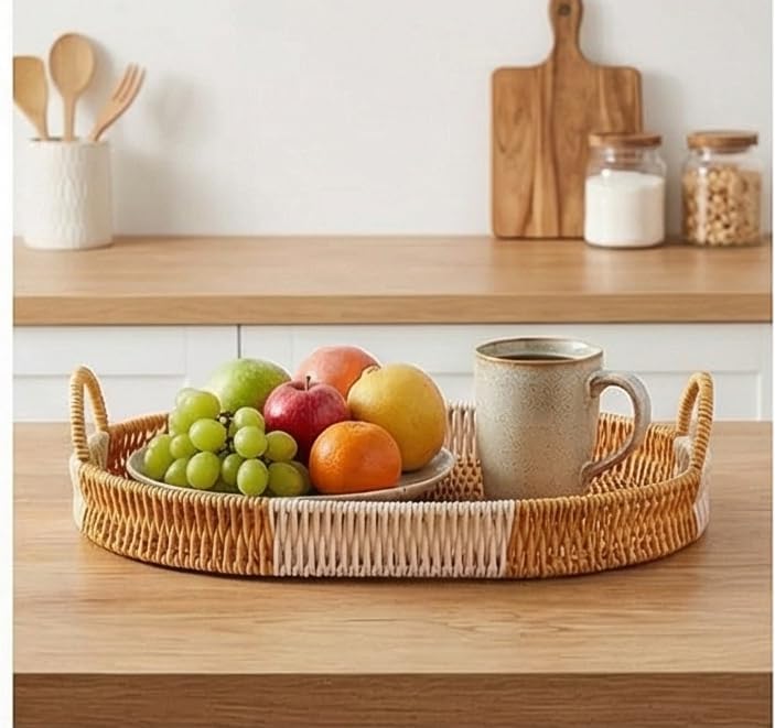 Z W A Handwoven Rattan Oval Serving Tray | Multipurpose Decorative Wicker Baskets with Handles | Boho Home Décor, Coffee Table Organizer, Bathroom & Kitchen Storage Trays. (Small Tray only)