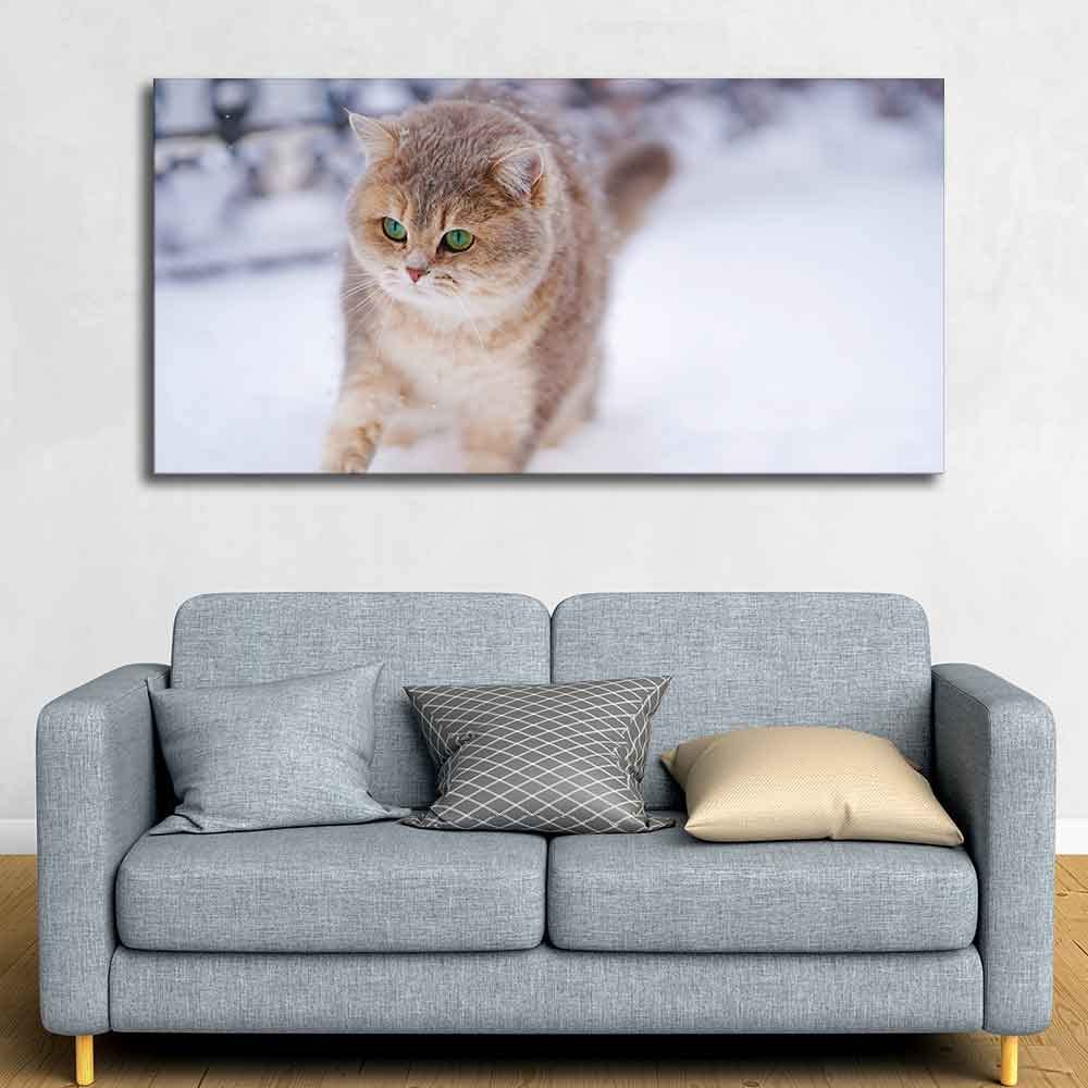 VIBECRAFTS Canvas Paintings for Living Room Drawing Room Cat Walking In Snow Beautiful Wall Painting Fitted With Wooden Frame For Home | Office | Gift |(PTVCH_2307)