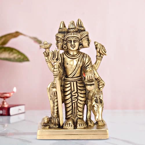 ARTVARKO Brass Idol Trimurti Brahma Vishnu Mahesh Idol Dattatreya Tridev God Datta Statue Pital Puja Murti 4.5 Inch