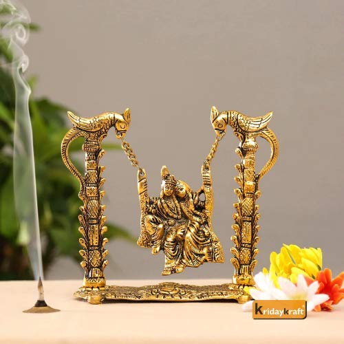 KridayKraft Radha Krishna on Swing jhula Gold Plated Metal Statue Decor Your Home, Office (Medium)