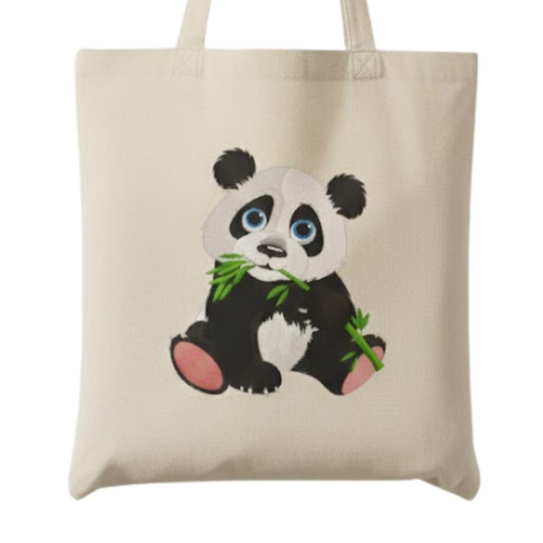 Reusable Cotton Fabric Cute Panda with Bamboo Design Printed Tote Bag Ideal for Travel Shopping College & Office Use