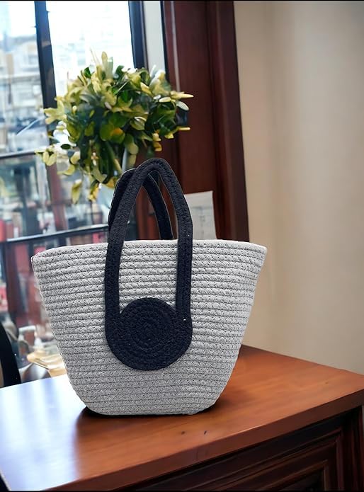 BEAUTIFUL HOMMIES Attractive Boho Bag | Large Tote Bag for Women - Summer Beach Bags | Jute Bamboo Tote - Grey-Black