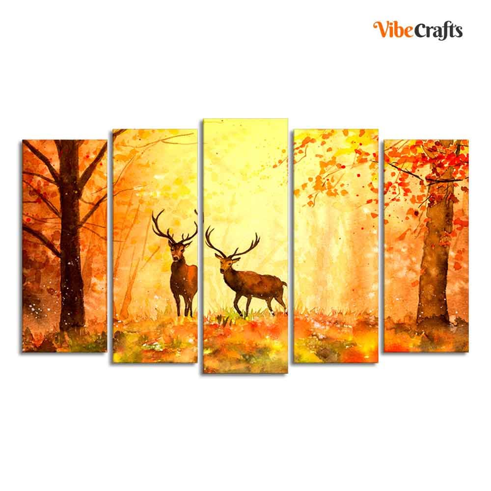 VIBECRAFTS Beautiful Forest Deer Canvas Wall Painting Set of Five For Home|Office|Living Room|Gift (PTVC5Pcs2_6548)