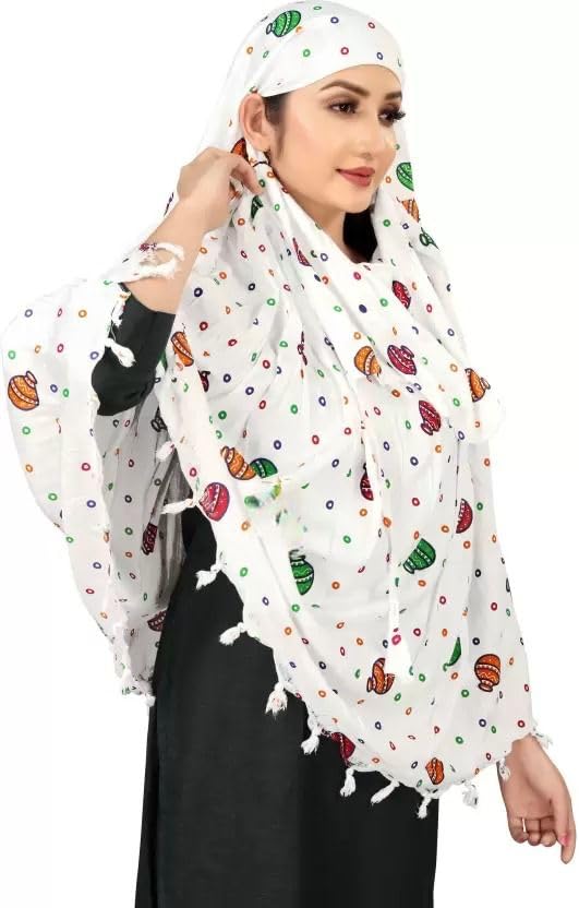 Navvi Pure Cotton Printed White Scarf for Women & Girls | Scarf with Head Cover | Scarves |Bandana| Hijab | Dupatta | Protection from Sunlight, Dust | Usable for Scooty, Bike