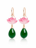 El Regalo Handmade Lotus Flower Dangle Earrings for Women & Girls | Elegant Pink Bloom & Green Teardrop Bead Drop Earrings | Nature-Inspired Traditional Boho Floral Fashion Jewellery Gift