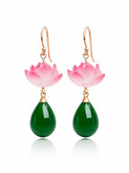 El Regalo Handmade Lotus Flower Dangle Earrings for Women & Girls | Elegant Pink Bloom & Green Teardrop Bead Drop Earrings | Nature-Inspired Traditional Boho Floral Fashion Jewellery Gift