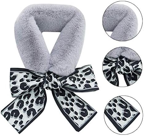 THE DDS STORE Winter Women Faux Fur Collar Leopard Print Scarves Plush Wrap Korea Bow Tie Neck Warmer Formal Party Shawl (Grey)