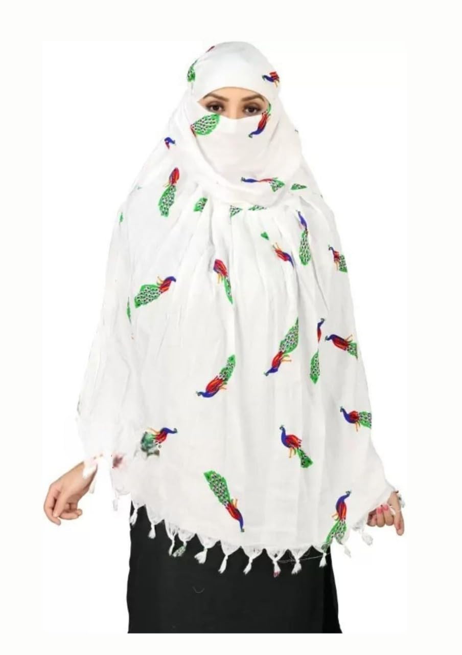Vinsh Enterprise Cotton Long Scarf Cum Mask Scarves Usable for Vehicle Driver | White Printed Design | Universal Size | For Girl & Women | Soft & Breathable Sun Protection (PEACOCK)