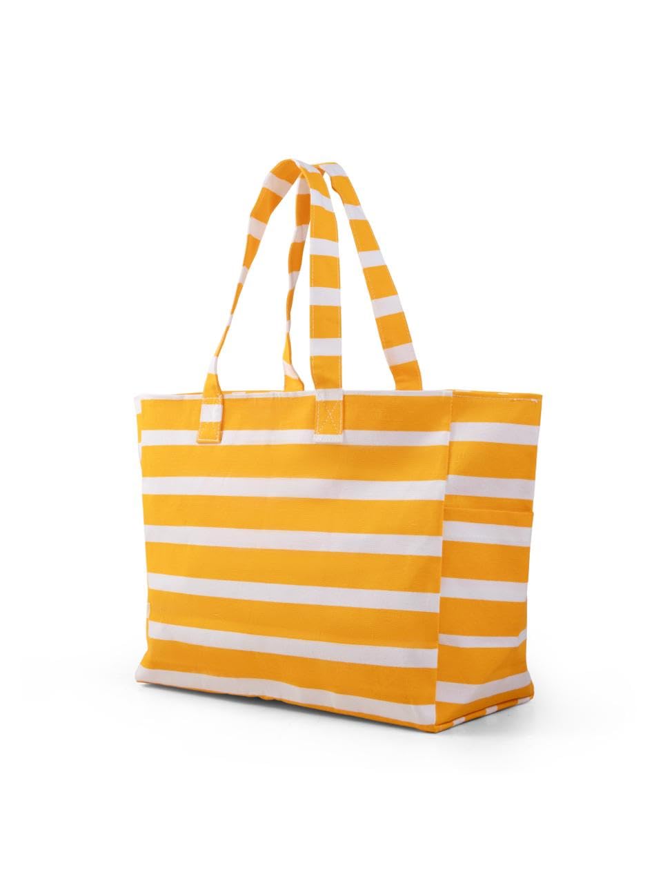 AQVA Striped Beach/Pool Cotton Tote Bag for Women with 4 Outer Pockets | Large Capacity | Stylish Multipurpose Handbag | Resuable Shoulder Bag for for Office, Travel, Beach & Work (Mustard)