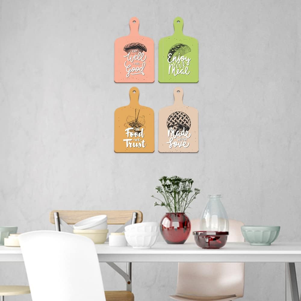 Artvibes Eat Well Feel Good Printed Wooden Wall Hanging for Kitchen | Cafe | Restaurant | Dining Room | Quotes Decor Item | Wall Poster | Food Quotes Decoration | Gift Items(WH_5609NV), Set of 4