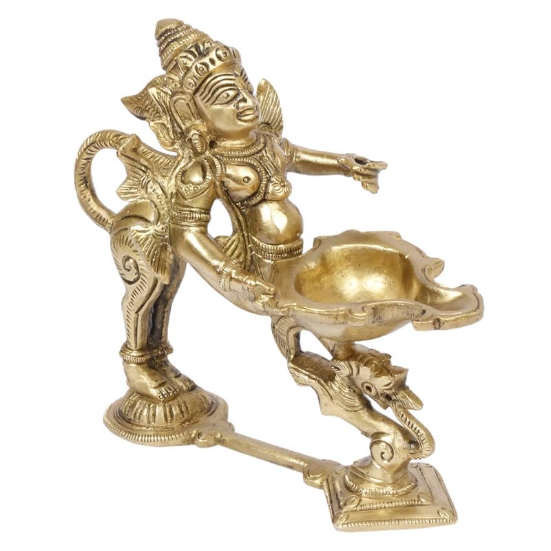 SVARUP 5.5 Inch Gold Color Brass Garuda Aarti Deepak with Handle: Can be Used as Camphor Burner, Hand Held Arti Diya for Puja