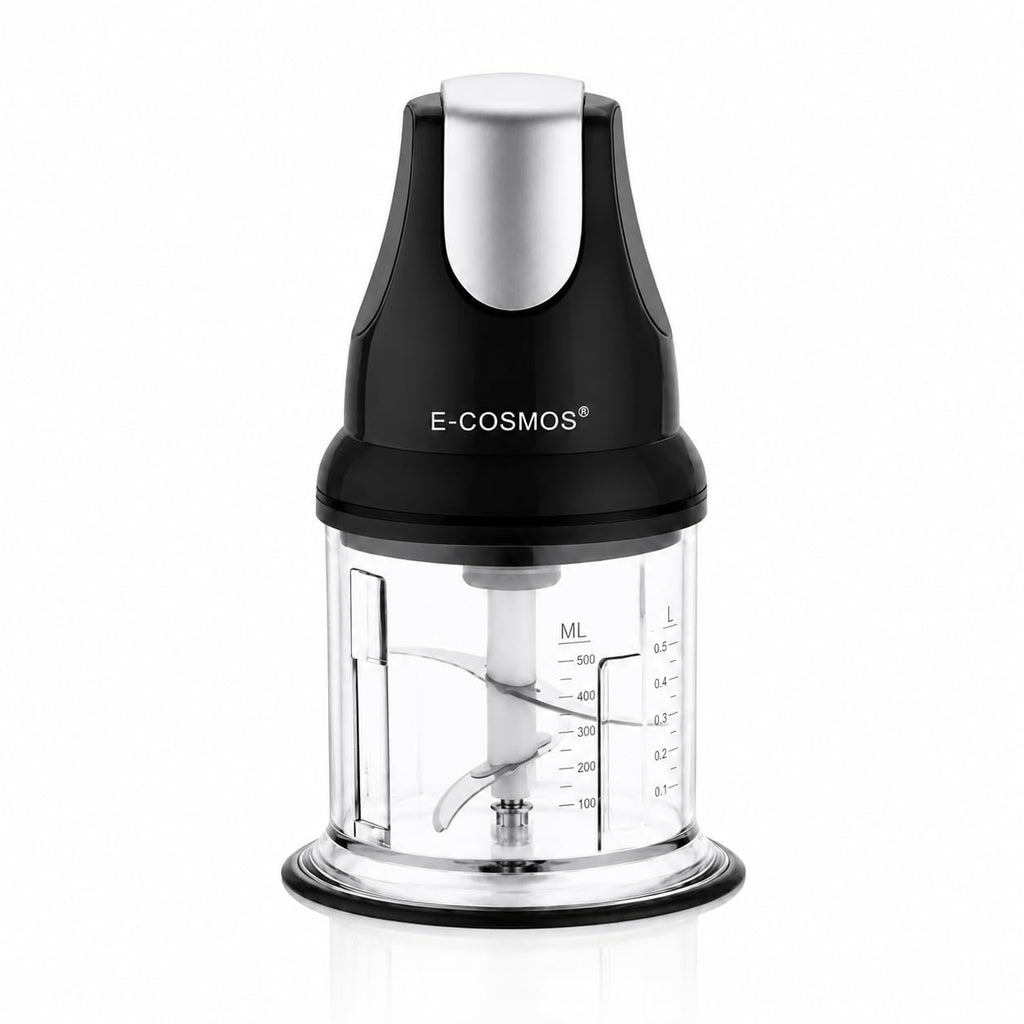 E-COSMOS® Ultra Fast 250 Watts Electric Chopper – Twin Blade Vegetable Cutter & Mincer – 500ml Plastic Bowl with Storage Lid – Durable 100% Copper Motor – Multi-Purpose Whisk & Blend (Black)