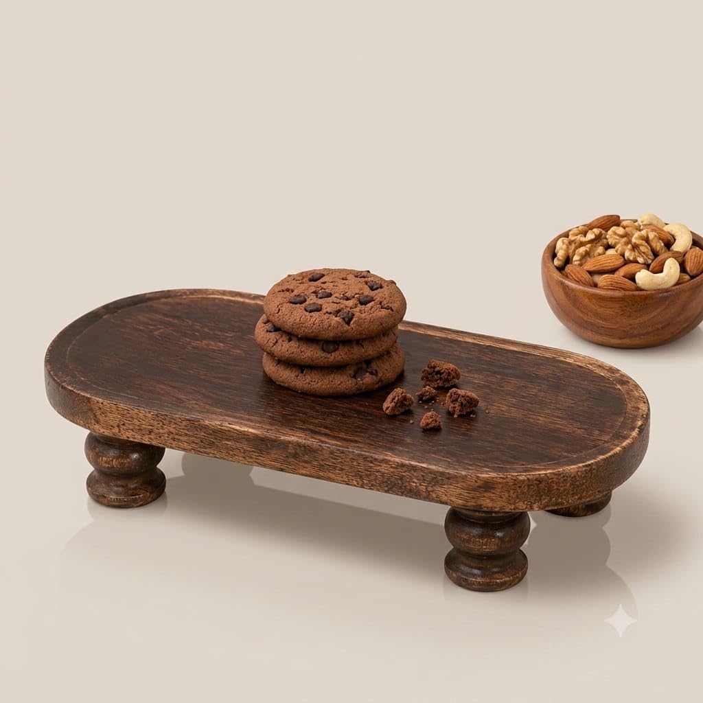 Wooden Footed Serving Tray with Raised Legs, Dark Brown