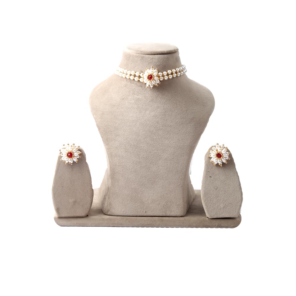 Anuradha Art Jewellery traditional white and golden pearl with red stone stud flower Mogra/Parijat/handmade/handcrafted necklace jewellery for women and girls.