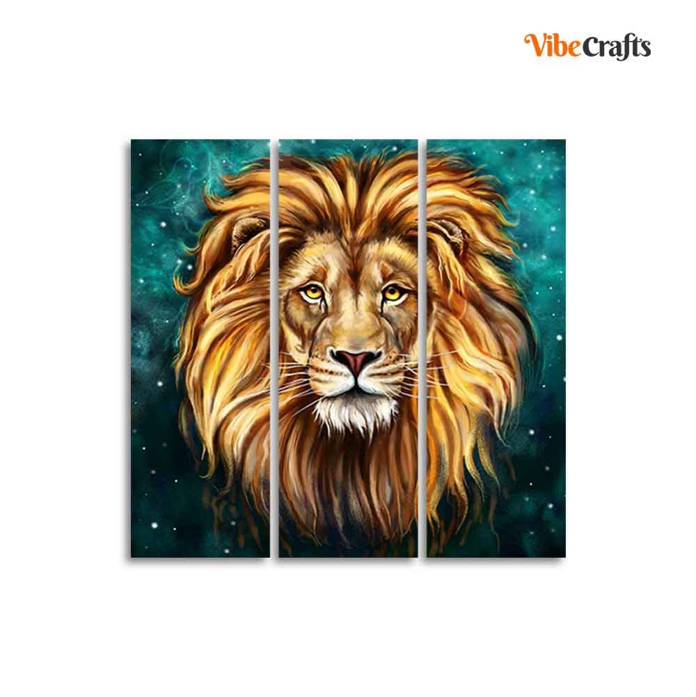 VIBECRAFTS 3 Pieces Lion Face Canvas Wall Painting Fitted With Wooden Frame For Home | Office | Living Room | Gifts (PTVC3Pcs1_9508)