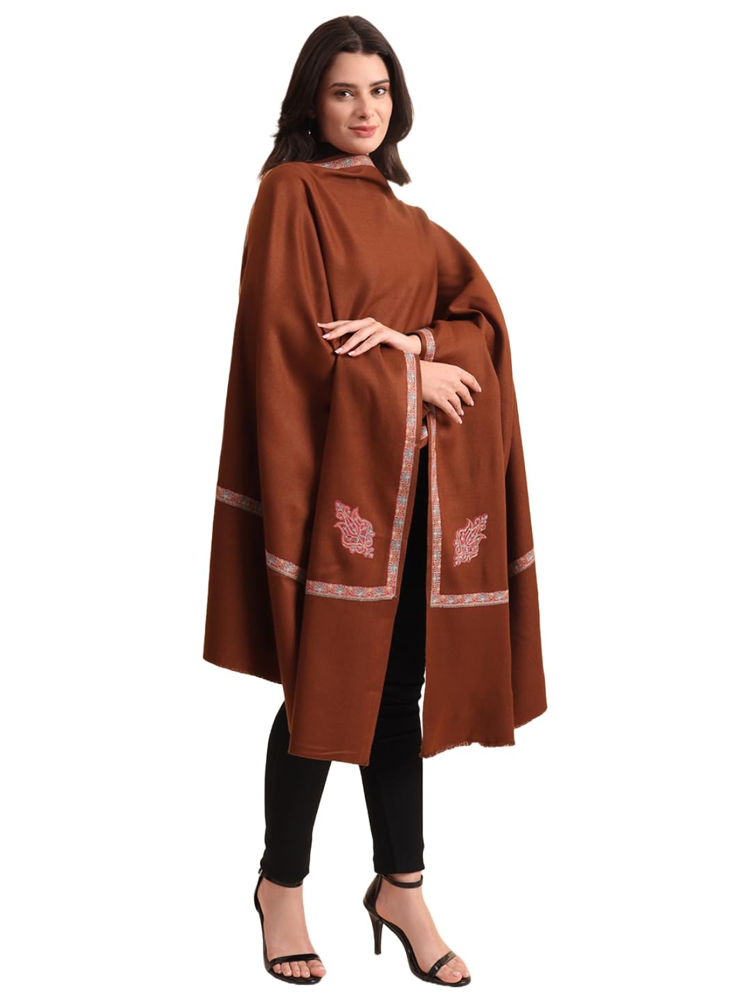Zamour Kashmiri Pashmina Style Fine Kingri Embroidery Woollen Shawls for Winter (Brown)