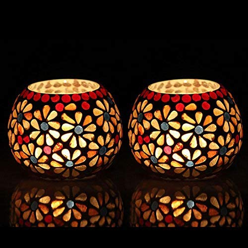 The Purple Tree Glass Mosaic Tealight Candle Holder for Diwali Decor, Christmas Decor - Pack of 2