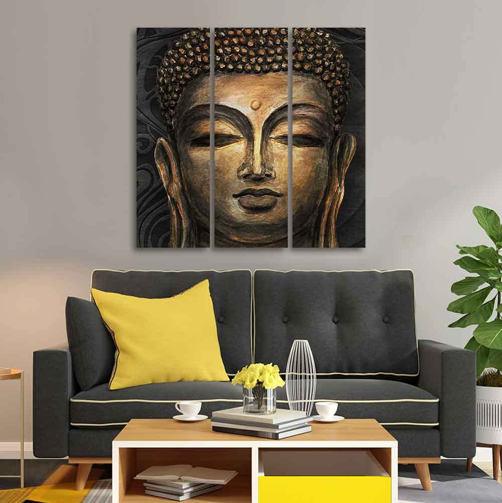 VIBECRAFTS Spiritual Buddha 3 Pieces Canvas Wall Painting Fitted With Wooden Frame For Home | Office | Living Room | Gifts (PTVC3Pcs1_9501)