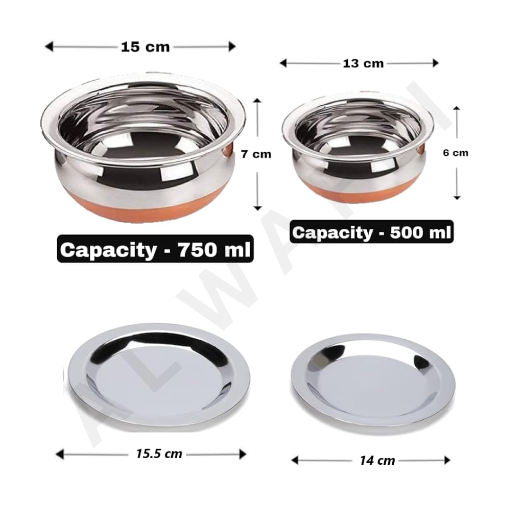 ALWAFLI 2 pcs Stainless Steel Copper Bottom Kitchen Serving, Cooking Bowl | Cook and Serve Inductiom & Gas Compatible Biryani Handi | Handi Set with Steel Lid (0.45 L & 0.75 L) (2 pcs)