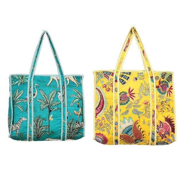 Yda fashion Handmade Quilted Cotton Tote Bag – Large Travel Shoulder Bag with Pockets, Lightweight & Durable – Stylish Printed Handbag for Daily uses (Pack of 2) (Multicolor7)
