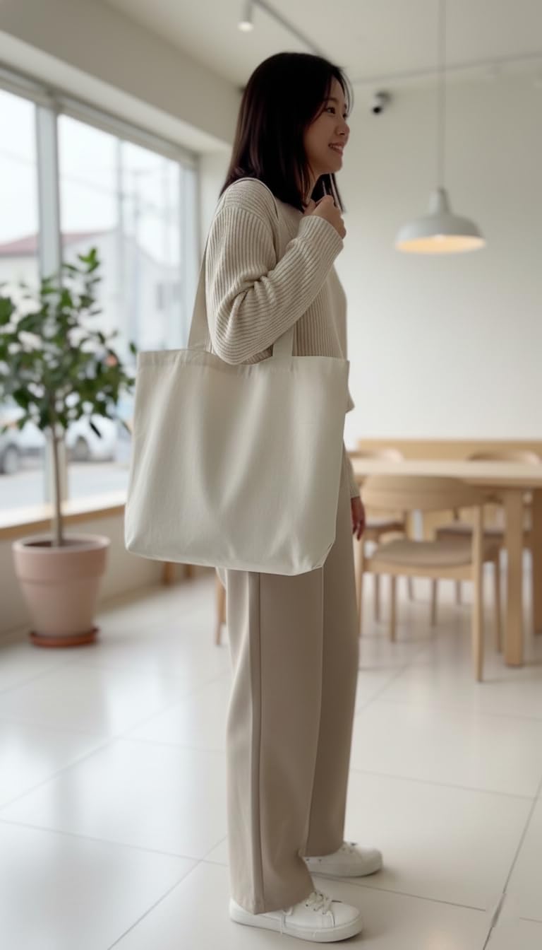 RAVI ARTS Cotton Canvas Tote Bag for Women & Men | 310 GSM Reusable Cloth Shopping Bag with Long Handles | Medium Size 14 x 16 Inch (35.5 x 40.6 cm) | Off-White | Pack of 2