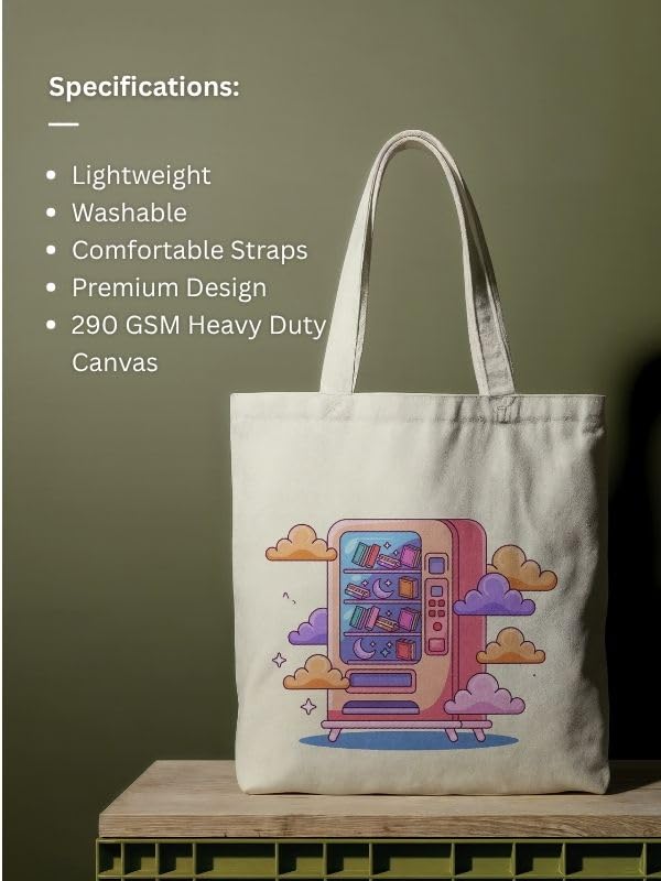 Kalaa Lifestyle Canvas Tote Bag for Women | Premium Cotton Shopping Bag | Eco-Friendly Shoulder Tote for Office, College, Travel & Daily Use and Gifting (Cloudy Vending Machine)