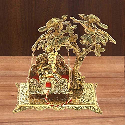Prince Home Decor & Gifts Krishna Seated on a Aluminium Jhoola Hanging on Tree in Metal handicrafts by Prince Home Decors & Gifts (Gold)