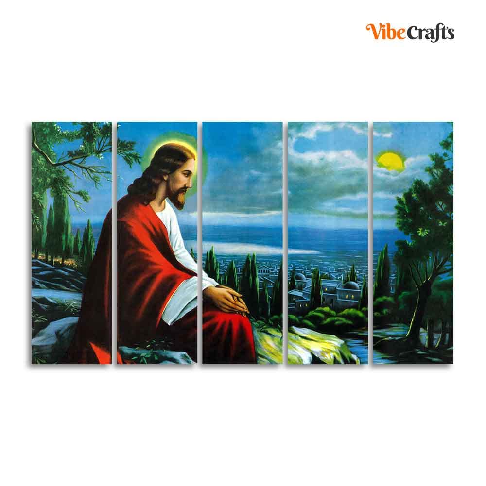 VIBECRAFTS Premium Wall Painting of Jesus Christ in Jerusalem in Five Pieces For Home|Office|Living Room|Gift (PTVC5Pcs4_8722)