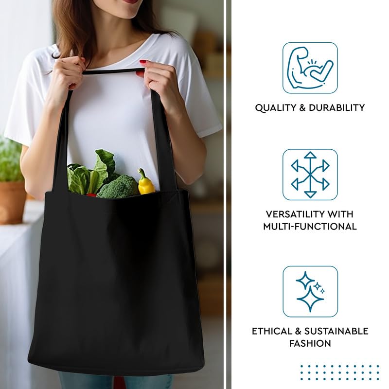 Encasa XO Cloth Tote Bag (Pack Of 2) - Black Colour Canvas Cotton Bag | Reusable-Multi-Pack With Extra Strong 13 Handle | Holds 15 Kgs | Multipurpose Grocery Carry Bag For Men & Women, Casual