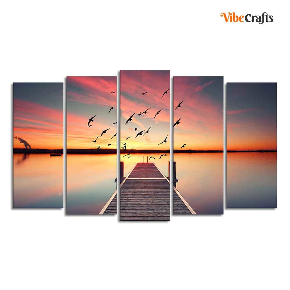 VIBECRAFTS Romantic Wooden Jetty in Sunset Canvas wall Painting of Five Pieces For Home|Office|Living Room|Gift (PTVC5Pcs2_6526)