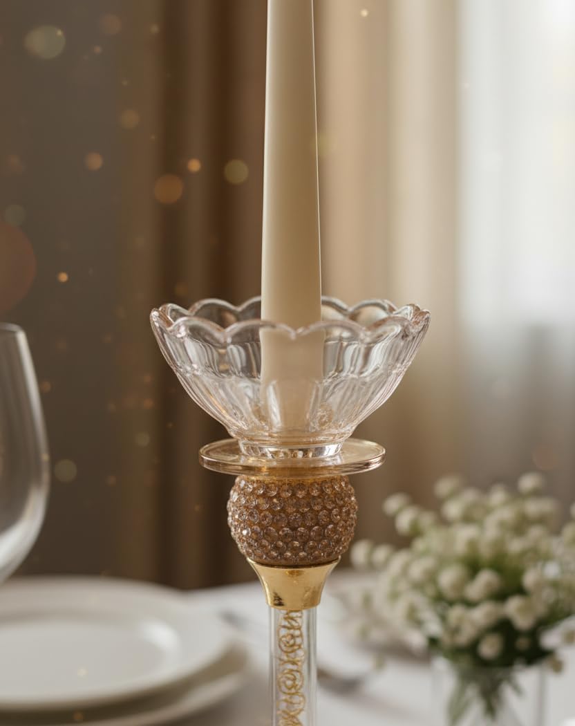 PIXELERA Luxury Gold Candle Stand Holder with Crystal Lotus Bowl | Decorative Metal Candle Holder for Home Décor, Pooja, Festival & Table Centerpiece (Crystal Glass Diya Stand)