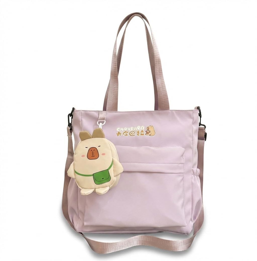 Clarity Series Capybara Tote Bag - Large Kawaii Shoulder Bag for Women, Multi-Pocket Aesthetic Handbag with Cute Plush Charm & Side Pockets- Ideal for Picnic, Travel, and College. (Mindful Mist)