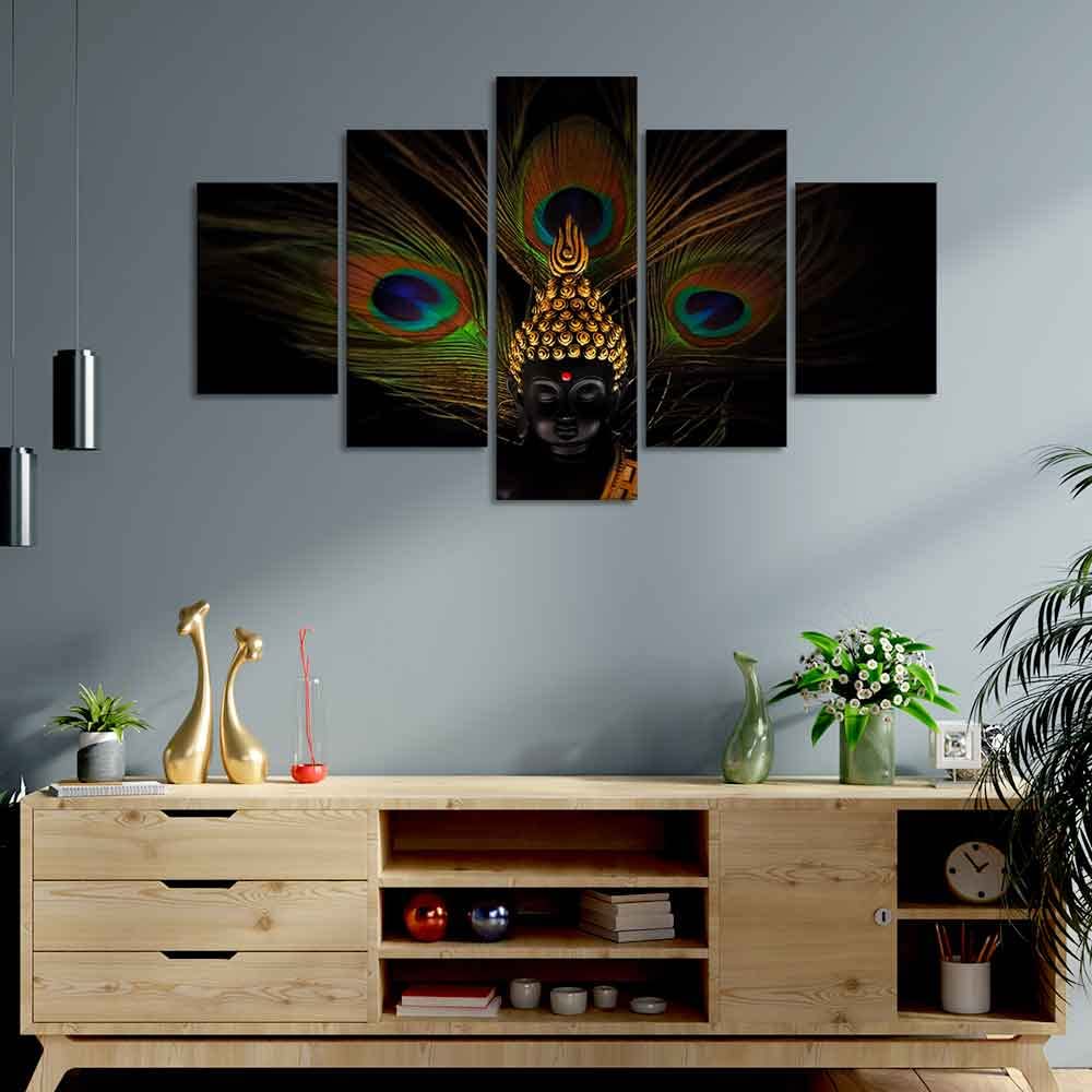 VIBECRAFTS Divine Buddha With Peacock Feather Wall Painting of Five Pieces For Home|Office|Living Room|Gift (PTVC5Pcs1_5541)