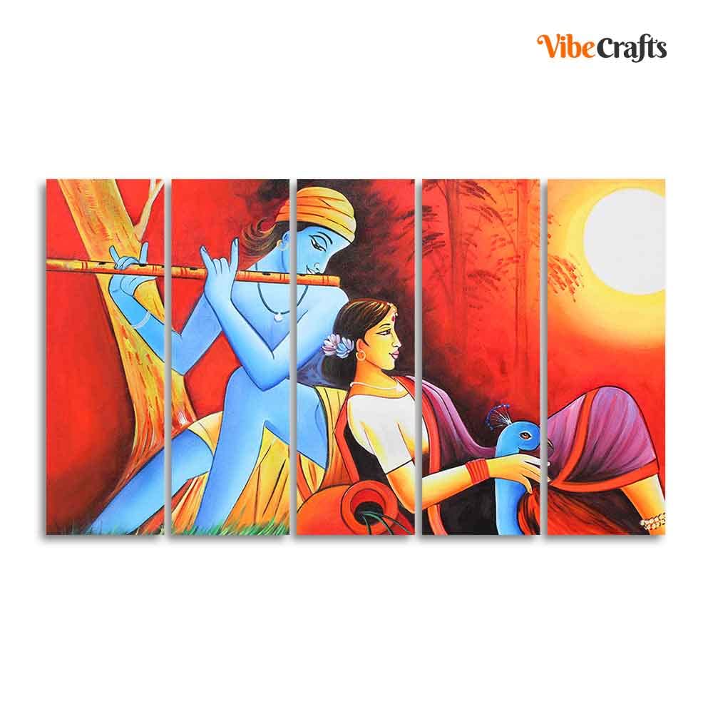 VIBECRAFTS Divine Radha Krishna 5 Pieces Canvas Wall Painting For Home | Office | Living Room | Gift (PTVC5Pcs4_8559)