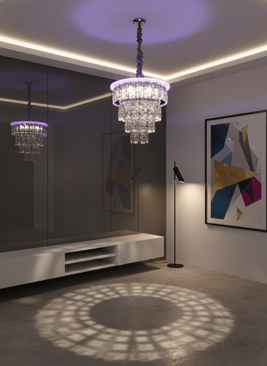 swanart Zephyra Rotating Crystal Chandelier with Multi Color LED, Bluetooth Music System, 3-Tier K9 Crystal Ceiling Light for Living Room, Bedroom & Luxury Interiors