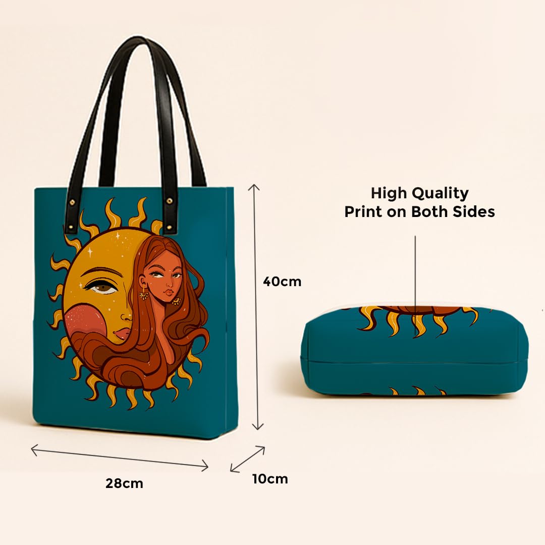Kalankit Classic Tote Bag For Women | Canvas Printed Totes For Woman | Aesthetic Shoulder College Bag For Girls | Vegan Leather Lightweight Everyday Handbag | Gift for Girls | Child of sun