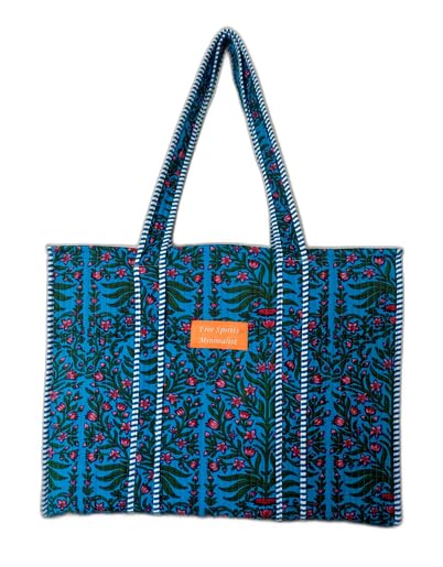 Free Spirits Minimalist Cotton Tote bag for Women | Shoulder Bag |Shopping bag | Reusable Grocery Bags | Eco friendly Bags| Stylish Quilted hand Bag |Vegan Tote Bag |Weekend Bag (BASE Blue AND PINK)