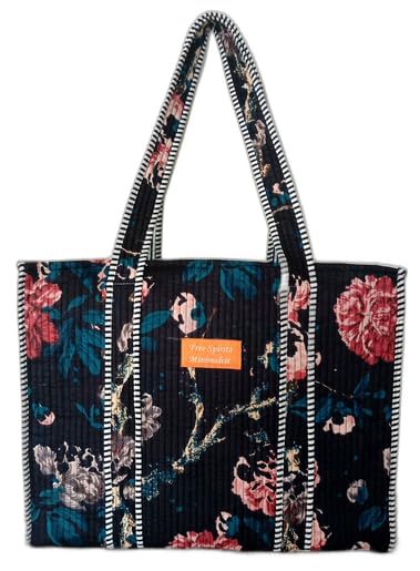 Cotton Tote bag for Women | Shoulder Bag | Durable Shopping bag | Reusable Grocery Bags | Eco friendly Bags| Handmade Cotton Bag | Stylish Quilted handBag |Vegan Tote Bag (Black MULTI)