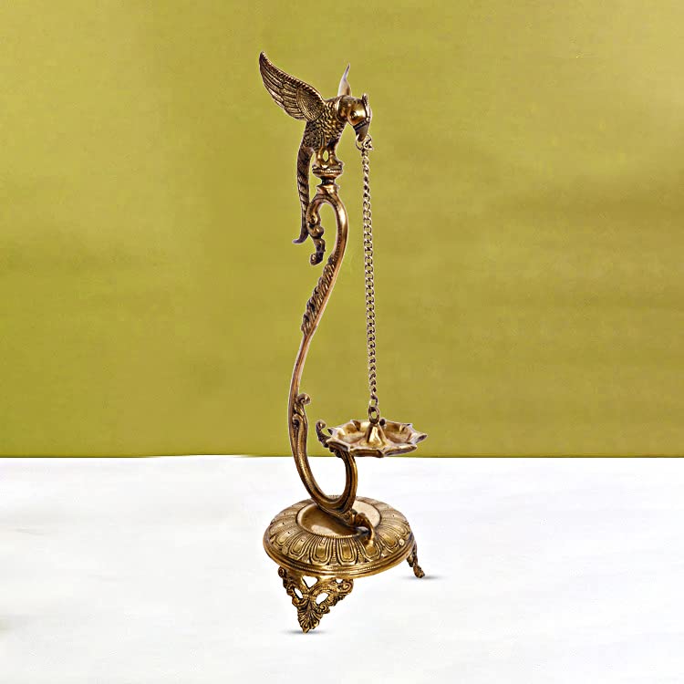 ARTVARKO Brass Parrot Hanging Diya 24 Inch | Peacock Design Oil Wick Lamp Deepak for Pooja Room, Home Temple, Diwali Decoration & Spiritual Home Décor | Brass Hanging Lamp Gift
