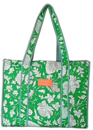 Cotton Tote bag for Women | Shoulder Bag | Reversible Bag | Durable Shopping bag | Reusable Grocery Bags | Eco friendly Bags| Handmade Cotton Bag | Stylish Quilted handBag (Flouro Green)